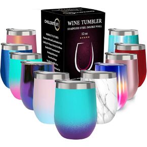 CHILLOUT LIFE 12 oz Stainless Steel Wine Tumbler with Lid & Gift Box, Double Wall Vacuum Insulated Travel Tumbler Cup for Coffee, Wine, Cocktails, Ice Cream - Rose Gold
