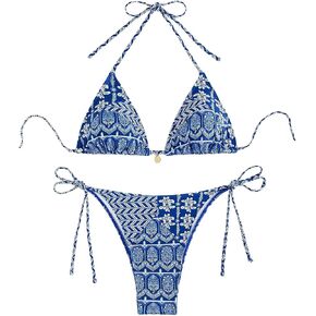 Womens Two Piece Bathing Suits Boho Floral Print Swimsuit Halter Triangle High Waisted Thong Bikini Sets for Women