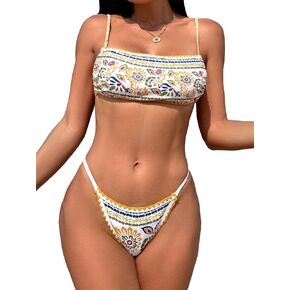 WDIRARA Women's 2 Piece Boho Swimsuits Floral Print Tie Back Bikini Set Wireless Bathing Suit