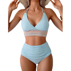 YIMISAN Women's Halter Bikini Sets Two Piece Ruched Color Block Swimsuits High Waisted Tummy Control Baithing Suit