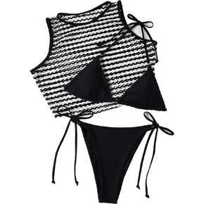 3 Piece Bikini Sets for Women String Thong Micro Swimsuit with Fishnet Cover Up Triangle Halter Bathing Suit