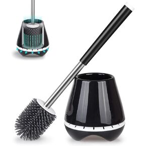 MEXERRIS Toilet Brush and Holder Set Stainless Steel with Soft Silicone Bristle, Sturdy Cleaning Toilet Bowl Brush Set for Bathroom Storage Organization - Tweezers Included (Black)