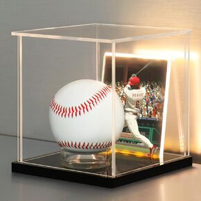 LANSCOERY Acrylic Baseball Display Case with LED Light, DustProof Display Box with Holder and Card Frame, Clear Memorabilia Box for Autographed Ball