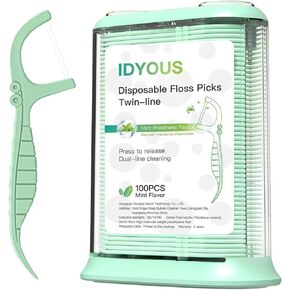 Mint Toothpicks and Automatic Pop-Up Floss Dispenser, Portable Floss Box with 100 Double Line Floss Sticks, Suitable Home Use or Travel Floss Picks(Green)