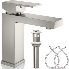 Solid Brass Bathroom Faucet, Single Handle Bathroom Sink Faucet, Lead-Free Single Hole Bathroom Faucet with Two Water Supply Hoses & Pop Up Drain Stopper Brushed Nickel