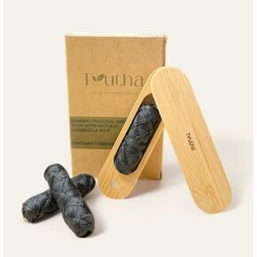 Vegan Biodegradable Bamboo Charcoal Dental Floss with Refillable Bamboo Container | Free Refill | Natural Candelilla Wax | 33yds x3 (30m x3) | Unflavoured | Eco Friendly Zero Waste Oral Care in Saudi Arabia