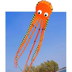 APZ Sky Visitor 3D 26ft Ultra Large & Fun Octopus Foil Kite with Handle & Line, Giant Kite for Adults and Kids, Boys Girls, Beach Trip Family Games and Activities, Park Outdoor Fun (Orange) in Kuwait