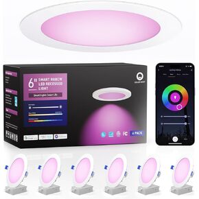 Smart Recessed Lighting 6 Inch - 6 Pack Wi-Fi Bluetooth Ultra-Thin Canless LED Recessed RGBCW Light with Junction Box 13W, 1100LM, 2700K-6500K, CRI80+ Work with Alexa/Google/Siri