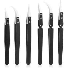 6 Pcs Precision Ceramic Reverse Solder Tweezers, Anti-Magnetic Pointed and Curved Tips Tweezer Set Non-Conductive Heat resistant Electronics Soldering Tweezers for Solder Pinching Coils