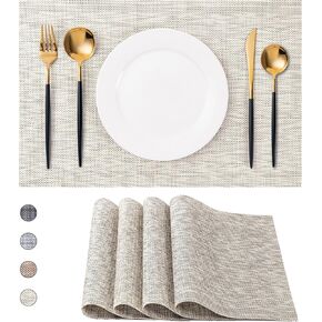 CADONO Placemats Set of 4 Washable Indoor/Outdoor Vinyl Place Mats for Dining Table Durable Non-Slip Heat Resistant PVC Weave Table Mats（Beige）