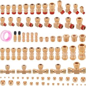 86 Pcs Brass DOT Air Brake Line Fittings, 1/4" 1/8" 5/16" 3/8" 1/2" 5/8" Compression Fittings Air Nylon Tubing Assortment Kits for Trucks Trailers & Industrial