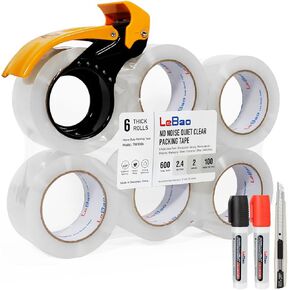 No Noise Silent Packing Tape with Dispenser, 2.4 Mil x 2" x 100 Yards, 6 Rolls, Heavy Duty Clear Noiseless Packaging Tape for Shipping Packaging Moving Sealing