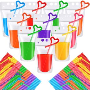 500 Count Summer Plastic Drink Pouches with Straws Heavy Duty Handheld Translucent Reclosable Drink Bags Portable Liquor Pouches Zipper Plastic Pouches for Cold and Hot Drinks