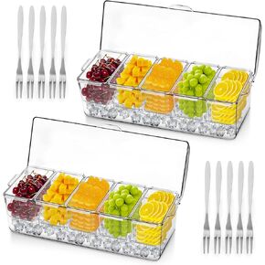 Ice Chilled Compartment Condiment Server Caddy, Contains 5 Removable Individual Condiment Spaces, Capable of Holding a Variety of Fruits, Foods, Condiments, and Snacks,Beautiful and Practical.(2PCS)