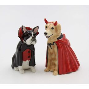 Fine Porcelain Halloween Vampire & Dracula Dog Salt & Pepper Shakers Set, 3-3/8" H