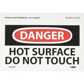 NMC D559AP OSHA Sign, Legend "DANGER - HOT SURFACE DO NOT TOUCH", 5" Length x 3" Height, Pressure Sensitive Adhesive Vinyl, Black/Red on White (Pack of 5)