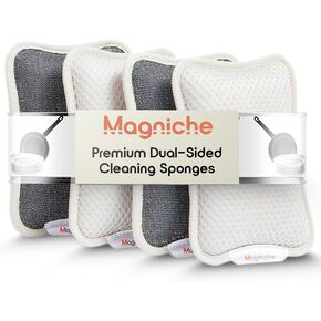 4-Pack Premium Dual Sided Kitchen Sponges - 2-in-1 Soft Cleaning Dishwashing Sponge & Metal Scrubber | Eco-Friendly Longer Lasting Kitchen Sponges for Washing Dishes (No Magnets)