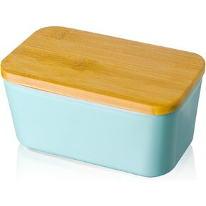 Porcelain Butter Dish with Wooden Lid, Candiicap Airtight Butter Keeper for Countertop, Large Butter Holder for East West Coast Butter(Matte Blue)