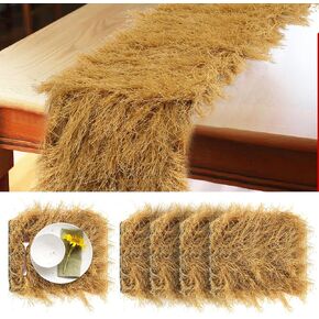 5 Pcs Thatch Straw Table Runner and Placemats Set Fake Hay Table Runner Faux Grass Farmhouse Placemats Artificial Thatch Table Centerpiece Decoration for Western Themed Cowboy Home Rustic