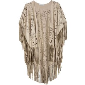 PERSUN Women's Faux Suede Kimono Cape Fringed Asymmetric Cover up Shawl Beige