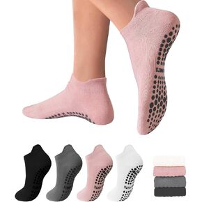 4 Pairs Pilates Socks for Women Grip Socks Non Slip Yoga Socks Grippy Socks for Barre Hospital Ankle Socks