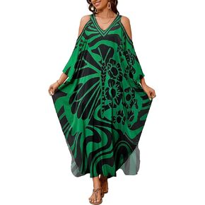 Eddoyee Kaftan Dresses for Women V Neck Cold Shoulder Swimsuit Cover Up Plus Size Maxi Beach Dresses