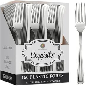 160 Pack Silver Plastic Forks Heavy Duty - Silver Disposable Silverware - Silver Plastic Silverware - Silver Forks Disposable Plastic Cutlery - For Catering, Parties, Weddings Exquisite.