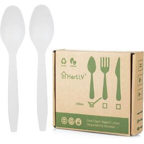 Compostable Spoon,100 Biodegradable Silverware for Party,Large Disposable Utensil Eco Friendly Durable and Heat Resistant,Alternative to Plastic Spoon