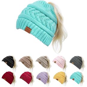 Pukavt 1 Pack Winter Hat Ponytail Beanie Hat for Women, Soft Stretch Cable Knit Messy Bun Beeanie,Trendy and Warm Blue
