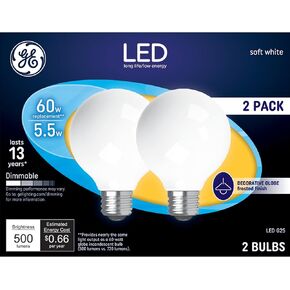 GE LED Light Bulbs, 60 Watt, Soft White, G25 Globe Bulbs, Frosted, Medium Base (2 Pack)