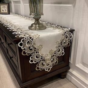 Sandweek Macrame Table Runners for Party, 70inch Table Runner Lace Floral Embroidered Rectangle Table Dresser Scarf Wedding Tabletop Table Decorations for Home and Dining Room Beige & White