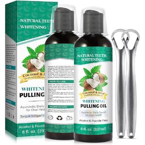 Coconut Mint Oil Pulling, 2Pack Whitening Oilpulling Mouthwash For Teeth And Gums With Tongue Scraper &Measuring Cup, 100% Natural& Alcohol Free Help Fresh Breath, Teeth Whitening,Oral Care,Gum Health