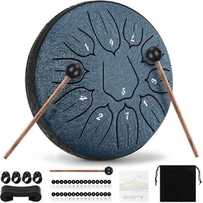 Rain Drum for Outside, Steel Tongue Drum 11 Notes 6 Inches Chakra Tank Drum, for Yoga Musical Education,with Drumsticks Drumstick Stand Tutorial Book Note Stickers Finger Cots(Navy Blue)