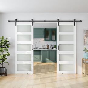 SmartStandard 60 x 84 in (Double 30×84 Door) Glass Barn Door with 10FT Sliding Hardware Kit & Handle, Pre-Drilled Ready to Assemble, Waterproof PVC Coating, 5-Panel Glass, White