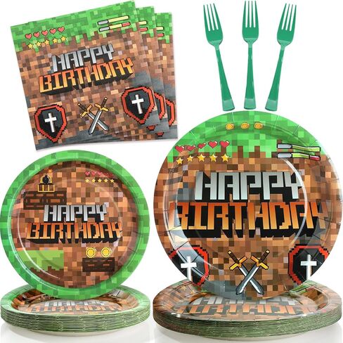 96PCS Pixel Birthday Party Supplies ، لوحات البكسل والمناديل التعدين ، لوحات عيد ميلاد ألعاب الفيديو ، لوحات ورق التعدين للأولاد Kid Teen Party Decoration ، in Saudi Arabia