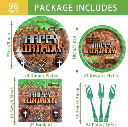 96PCS Pixel Birthday Party Supplies ، لوحات البكسل والمناديل التعدين ، لوحات عيد ميلاد ألعاب الفيديو ، لوحات ورق التعدين للأولاد Kid Teen Party Decoration ، in Saudi Arabia