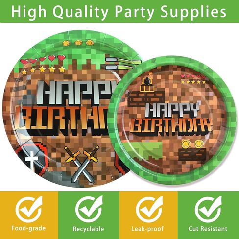 96PCS Pixel Birthday Party Supplies ، لوحات البكسل والمناديل التعدين ، لوحات عيد ميلاد ألعاب الفيديو ، لوحات ورق التعدين للأولاد Kid Teen Party Decoration ، in Saudi Arabia
