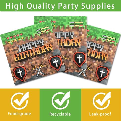 96PCS Pixel Birthday Party Supplies ، لوحات البكسل والمناديل التعدين ، لوحات عيد ميلاد ألعاب الفيديو ، لوحات ورق التعدين للأولاد Kid Teen Party Decoration ، in Saudi Arabia
