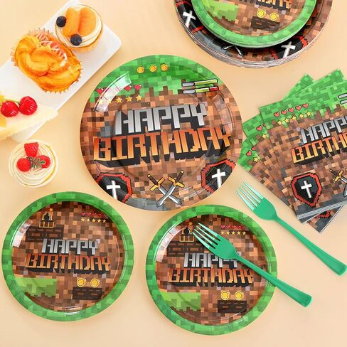 96PCS Pixel Birthday Party Supplies ، لوحات البكسل والمناديل التعدين ، لوحات عيد ميلاد ألعاب الفيديو ، لوحات ورق التعدين للأولاد Kid Teen Party Decoration ، in Saudi Arabia