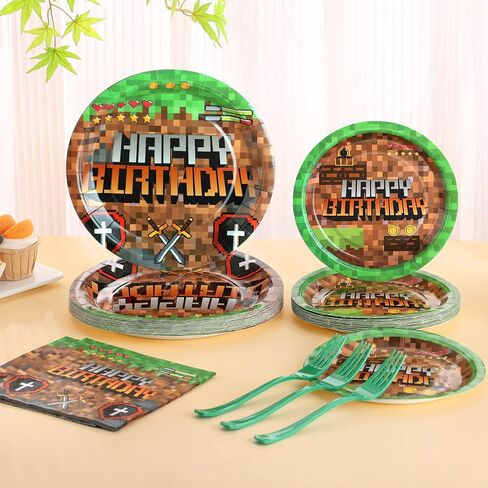 96PCS Pixel Birthday Party Supplies ، لوحات البكسل والمناديل التعدين ، لوحات عيد ميلاد ألعاب الفيديو ، لوحات ورق التعدين للأولاد Kid Teen Party Decoration ، in Saudi Arabia