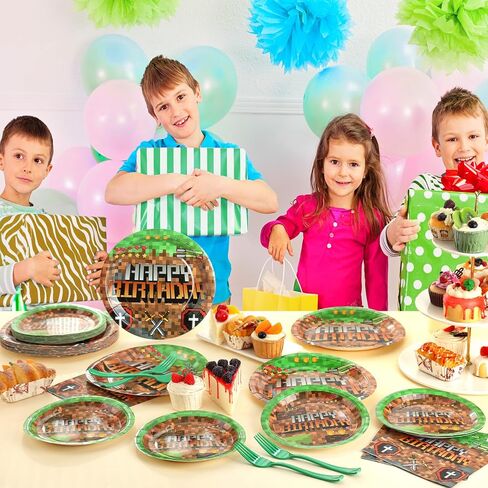 96PCS Pixel Birthday Party Supplies ، لوحات البكسل والمناديل التعدين ، لوحات عيد ميلاد ألعاب الفيديو ، لوحات ورق التعدين للأولاد Kid Teen Party Decoration ، in Saudi Arabia