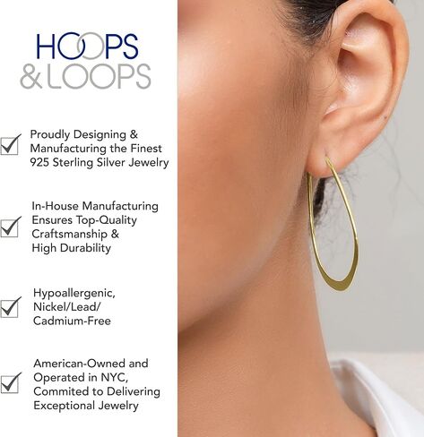 Hoops & Loops 925 Sterling Silver Oval Flat Thin Large 44mm (1.73 in) High Polished Lightweight Click-Top Hoop Earrings for Women and Teen Girls in Kuwait