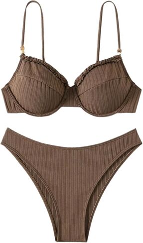 MakeMeChic Women's 2 Piece Bikini Set Rib Knitted Frill Trim Underwire High Cut Bathing Suit Swimsuit in Kuwait