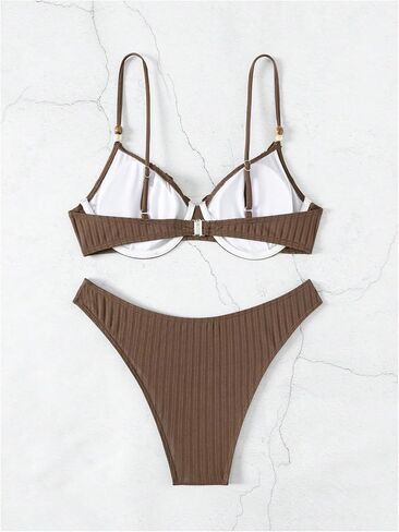 MakeMeChic Women's 2 Piece Bikini Set Rib Knitted Frill Trim Underwire High Cut Bathing Suit Swimsuit in Kuwait