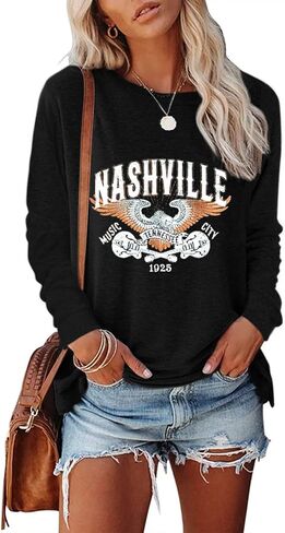 MZEAZRK Women Nashville Shirts Country Music Guitar T Shirt Long Sleeve Casual Loose Long Sleeve Tops in Kuwait