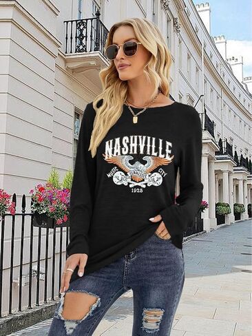 MZEAZRK Women Nashville Shirts Country Music Guitar T Shirt Long Sleeve Casual Loose Long Sleeve Tops in Kuwait