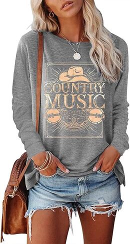 MZEAZRK Women Nashville Shirts Country Music Guitar T Shirt Long Sleeve Casual Loose Long Sleeve Tops in Kuwait
