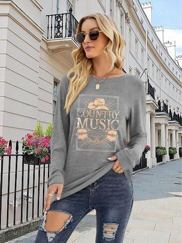 MZEAZRK Women Nashville Shirts Country Music Guitar T Shirt Long Sleeve Casual Loose Long Sleeve Tops in Kuwait