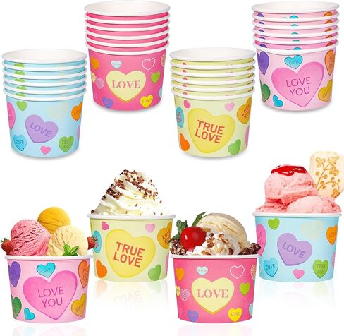 HOWAF 24pcs Valentine's Day Conversation Hearts Party Supplies Ice Cream Bowls,Candy Heart Disposable Treat Snack Cups for Sundae Hot or Cold Food Paper Party Cup 8 oz Paper Dessert Bowls in Kuwait