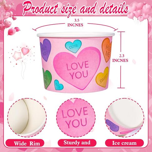 HOWAF 24pcs Valentine's Day Conversation Hearts Party Supplies Ice Cream Bowls,Candy Heart Disposable Treat Snack Cups for Sundae Hot or Cold Food Paper Party Cup 8 oz Paper Dessert Bowls in Kuwait